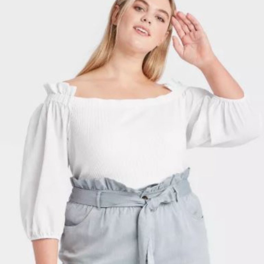 Who What Wear White Balloon 3/4 Sleeve Bardot Top XXL